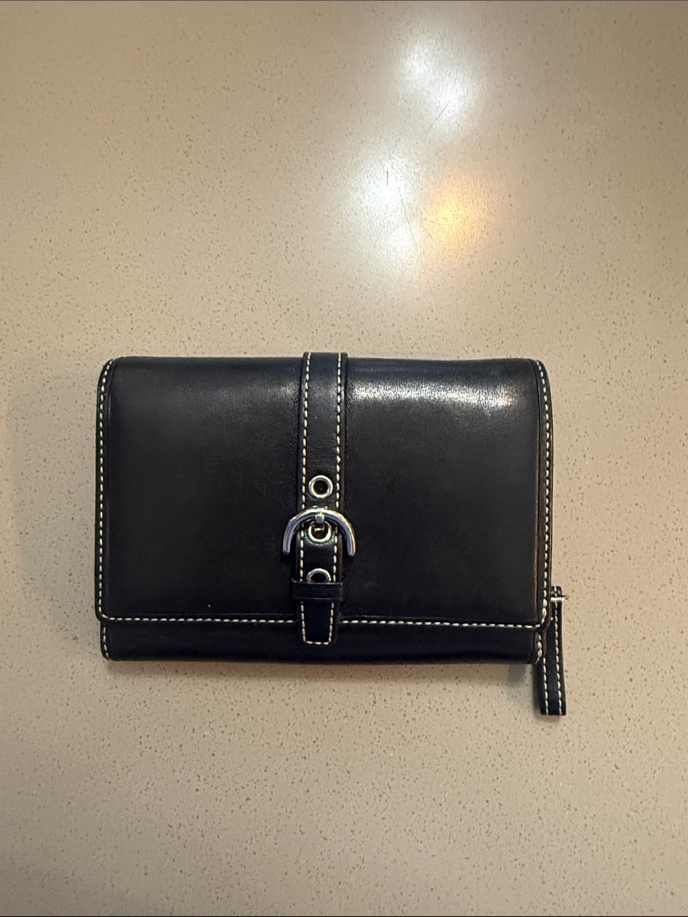 Coach Black Leather Wallet with White Stitching and Buckle